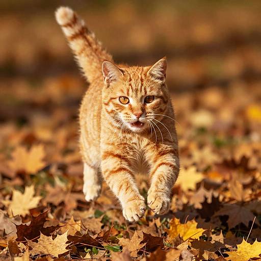Orange Cat Mid-Air Over Autumn Leaves