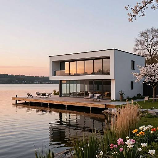 Modern white house with large glass windows on a wooden dock over a calm lake at sunset, surrounded by blooming flowers and trees.