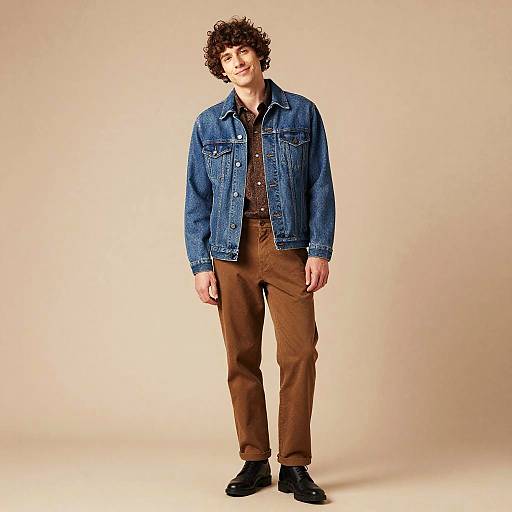 Photograph of a young man with curly brown hair, wearing a blue denim jacket, brown button-up shirt, brown pants, and black shoes, standing
