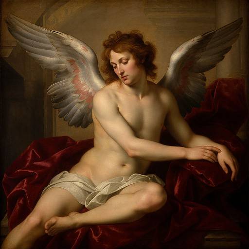 Classical painting of a nude, fair-skinned angel with curly brown hair, large silver wings, and white loincloth, sitting on a dark
