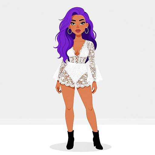 Digital illustration of a confident woman with long purple hair, wearing a white lace dress, black ankle boots, and hoop earrings.