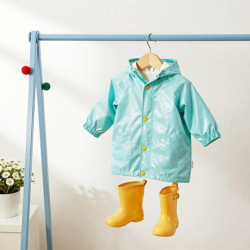 Photograph of a light blue raincoat with yellow buttons and yellow boots, hanging on a metal drying rack against a white background.