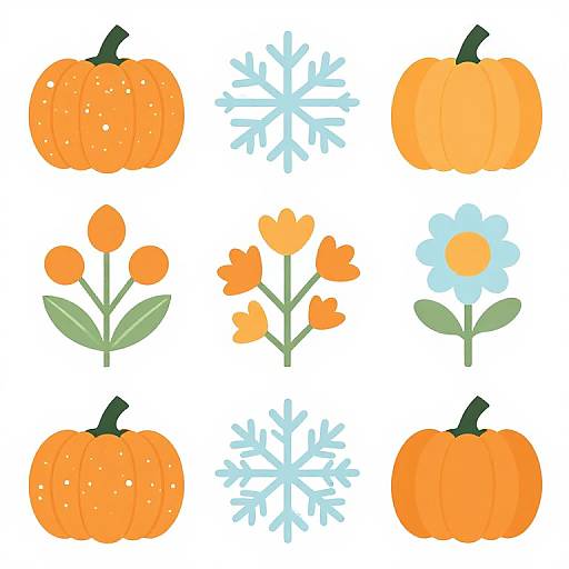 Illustration of six orange pumpkins and three flowers with snowflakes in between, arranged in a 3x3 grid on white background.