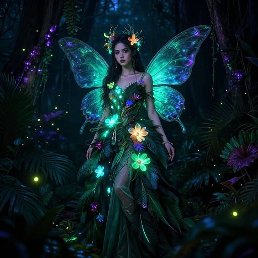 Photograph of a fair-skinned, dark-haired fairy with glowing blue wings, adorned in neon flowers and foliage, standing in a dark, enchanted forest