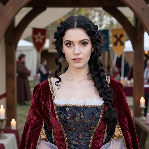 Photograph of a pale-skinned woman with black, curly hair in an Elizabethan-style dress, standing in a medieval festival tent.