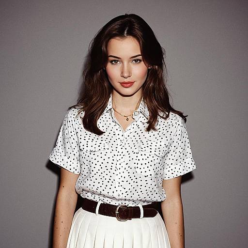 Young Woman in Polka Dot Shirt and White Skirt