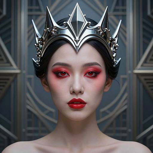 Digital portrait of a pale-skinned woman with red eye makeup, black hair, red lips, wearing a metallic crown, against a geometric background.