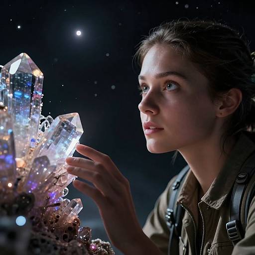 Photograph of a young woman with light skin and brown hair, wearing a green jacket, gazing at glowing, multi-colored crystal formations in a dark
