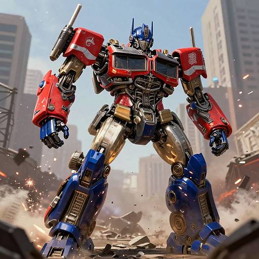 Digitally rendered image of a red, blue, and gold Transformers-style robot standing amidst a cityscape ruins, with debris flying around.