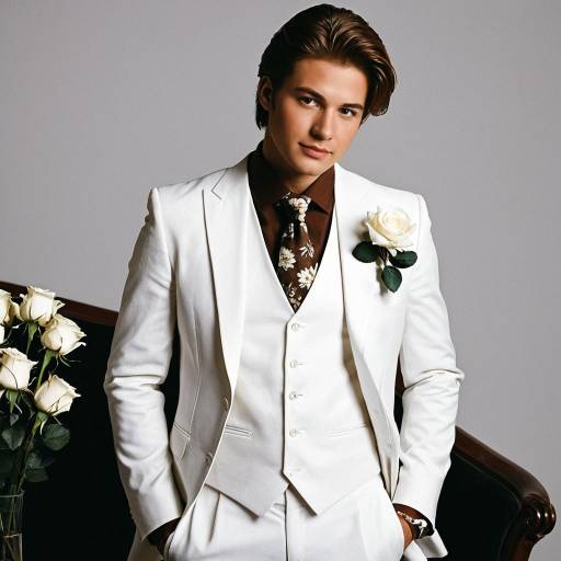 Man in White Wedding Suit with Brown Shirt