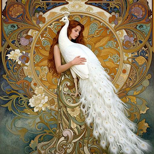 Art Nouveau-style digital painting of a red-haired woman cradling a white peacock with intricate golden floral patterns in the background.