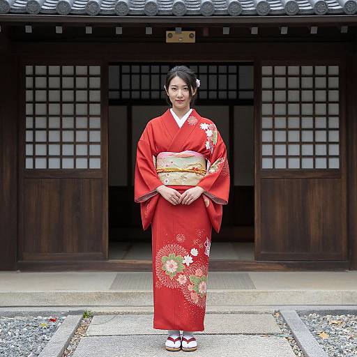 Woman in Traditional Red Kimono