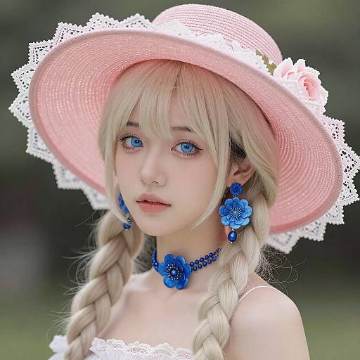 Young Woman in Pink Hat with Blue Floral Accessories