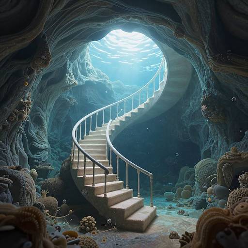 Photograph-style digital art of a spiral staircase descending into a glowing underwater cave, surrounded by coral and marine life.