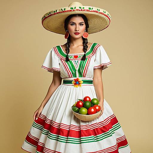 Woman in Traditional Mexican Dress Holding Basket of Fruit