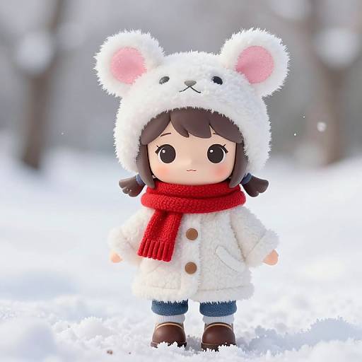 Photograph of a cute anime-style doll with brown hair, wearing a white bear hat, red scarf, white coat, and blue pants, standing in