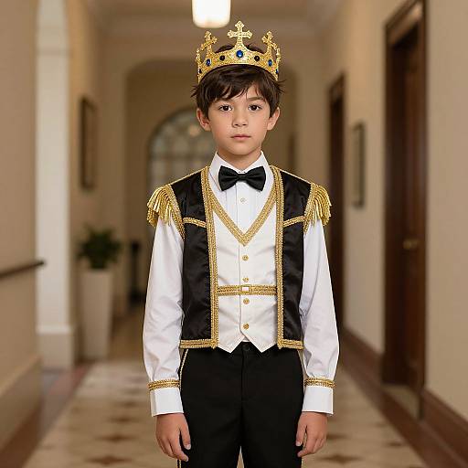 Photograph of a young boy in a royal outfit, black and white with gold trim, black bow tie, gold crown, standing in a hallway.