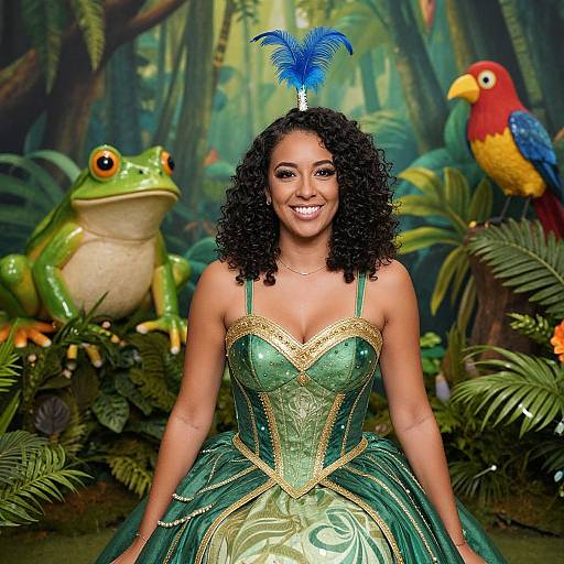 Photograph of a smiling black woman with curly hair, wearing a green feathered jungle dress, blue feather headpiece, surrounded by a large frog,