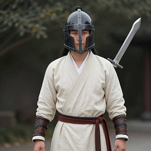 Photograph of a samurai in white kimono, black helmet, and metal armor, holding a sword on his back, standing outdoors.