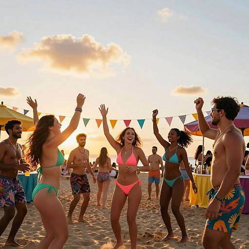 Photograph of a beach party at sunset, featuring a group of diverse, fit, young adults in colorful bikinis and swim trunks, cheering with