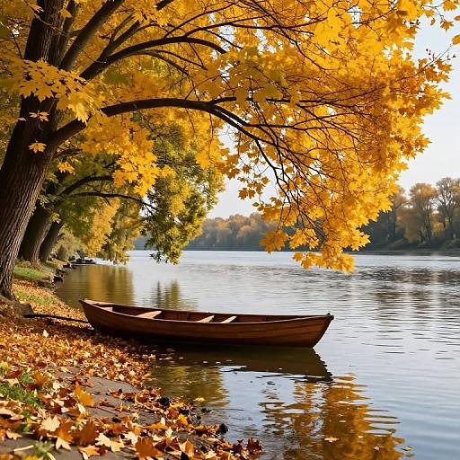 Solitary Wooden Boat on Danube River in Autumn
