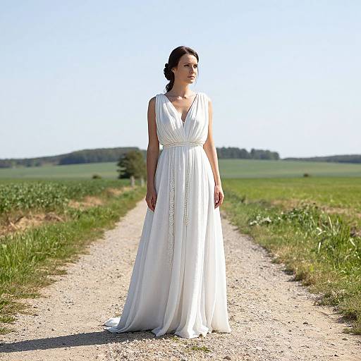 Photograph of a woman in a white, sleeveless, V-neck, flowing wedding dress standing on a gravel path through a green field under a clear