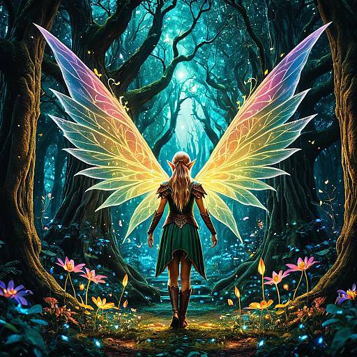 Fantasy Elf with Luminous Wings in Enchanted Forest