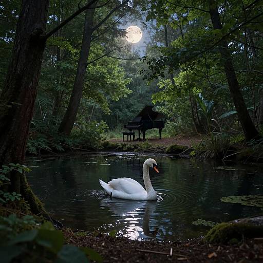 Photograph of a serene forest pond at night, illuminated by a full moon. A white swan glides gracefully in the center, with a black