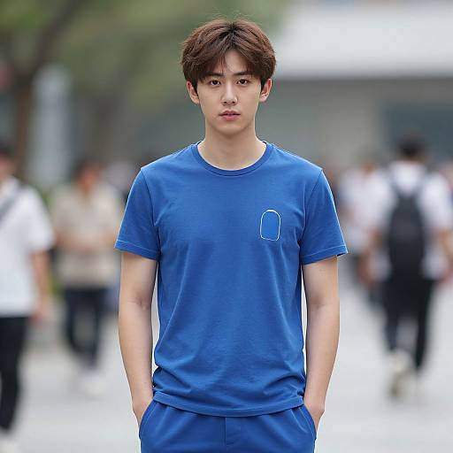Photograph of a young Asian man with short brown hair, wearing a blue t-shirt and matching blue pants, standing outdoors with a blurred background of people