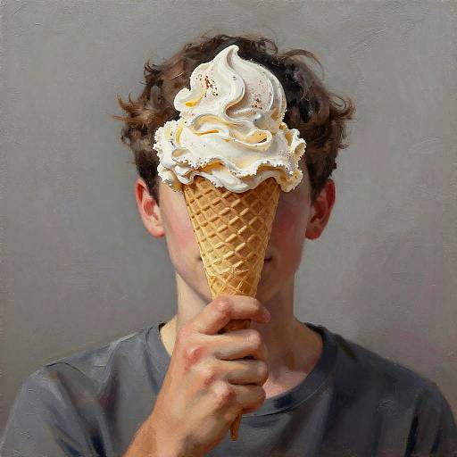 Man Holding Large Ice Cream Cone in Front of Face