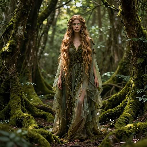 Photograph of a fair-skinned, long-haired woman in a green, ethereal, leafy dress standing in a dense, mossy forest with