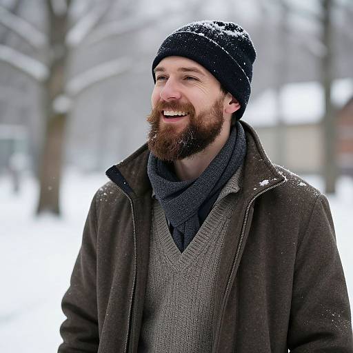 Photograph of a smiling bearded man with brown hair, wearing a black knit hat, gray scarf, brown coat, and gray sweater, standing in
