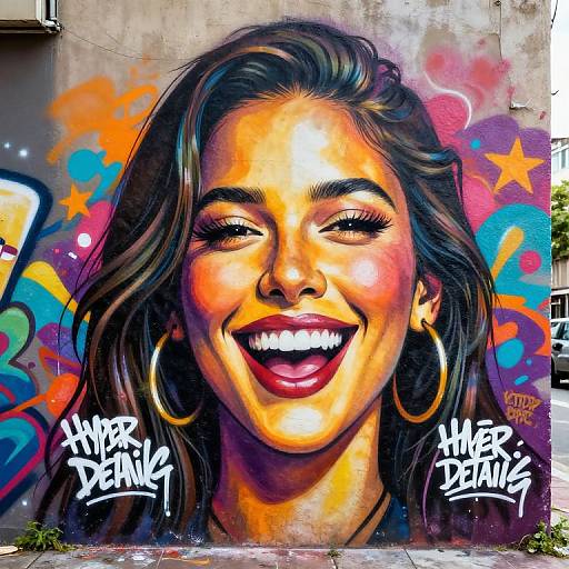Vibrant street art portrait of smiling woman with brown hair, large hoop earrings, and bright orange-yellow skin, surrounded by colorful graffiti. Text reads