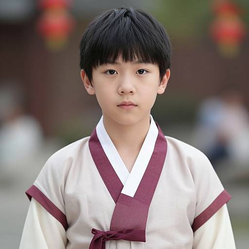 Photograph of a young Asian boy with short black hair, wearing a traditional white and maroon Korean hanbok, standing outdoors with blurred red lantern