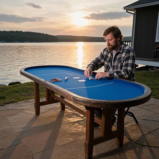 Lakeside Cabin Poker Game at Sunset