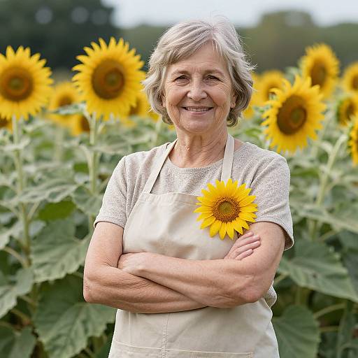 Photograph of an elderly woman with short gray hair, smiling, wearing a white shirt and apron, standing in a sunflower field, arms crossed