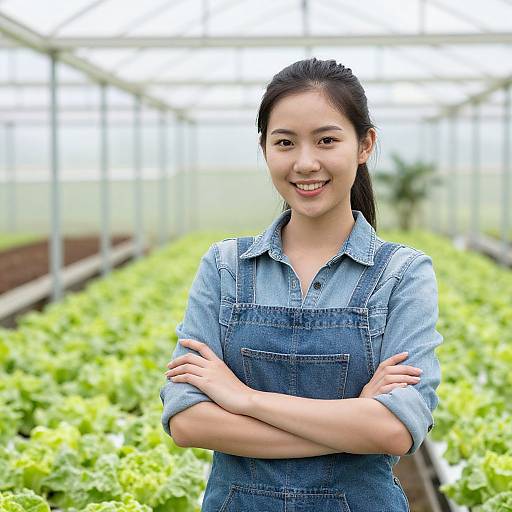 Photograph of smiling Asian woman with black hair in denim overalls, arms crossed, standing in a bright greenhouse with lush green plants in the background.