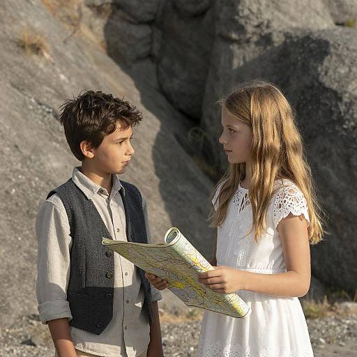Young Adventurers with Map on Hillside