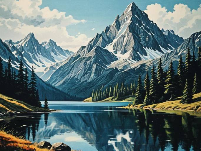 Mountain Landscape Painting with Reflective Lake