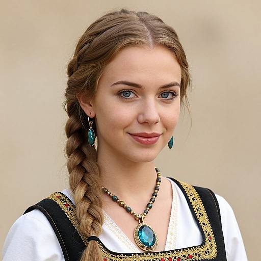 Photograph of a young woman with blue eyes, light brown braided hair, wearing traditional folk attire with black and gold embroidery, teal earrings, and