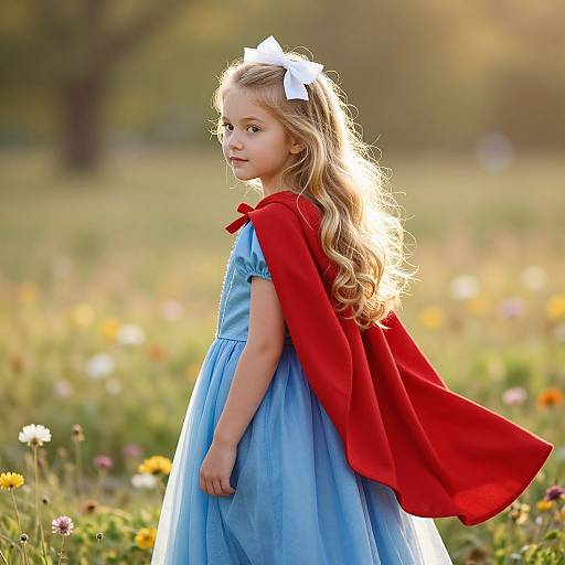 Photograph of a blonde, fair-skinned young girl in a blue dress and red cape, standing in a sunny meadow with colorful flowers, wearing