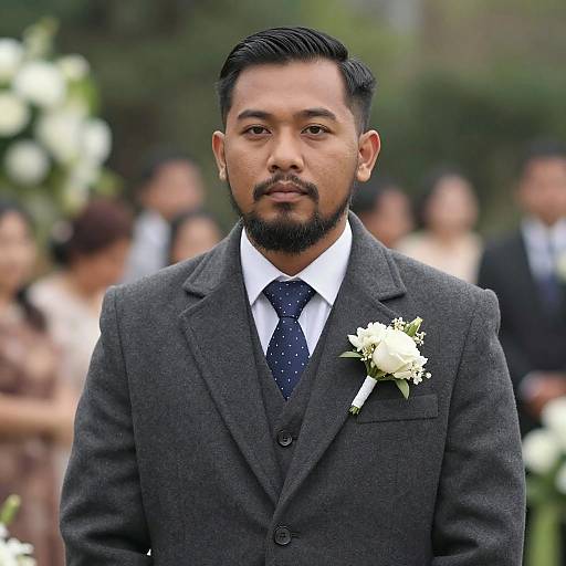 Portrait of Asian Groom in Gray Coat