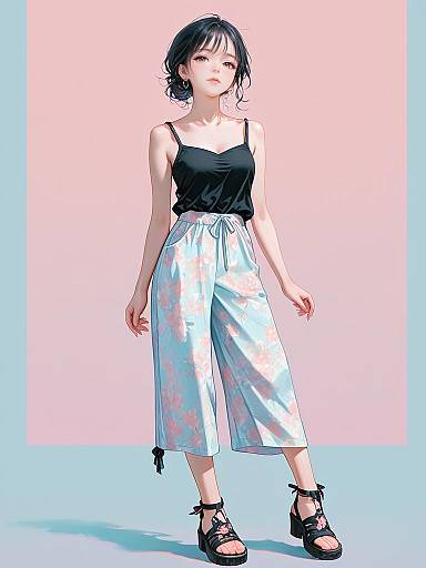 Digital anime-style drawing of a young woman with short black hair, wearing a black tank top, white floral pants, and black strappy sandals, standing