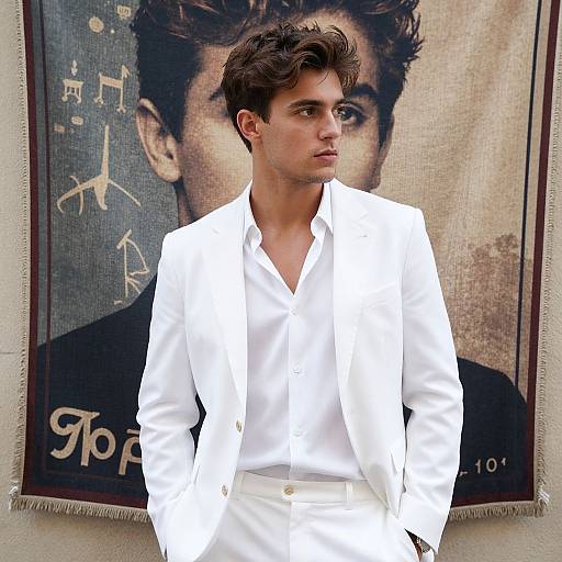 Photograph of a young man with wavy brown hair, wearing a white suit and white shirt, standing in front of a vintage-style poster.