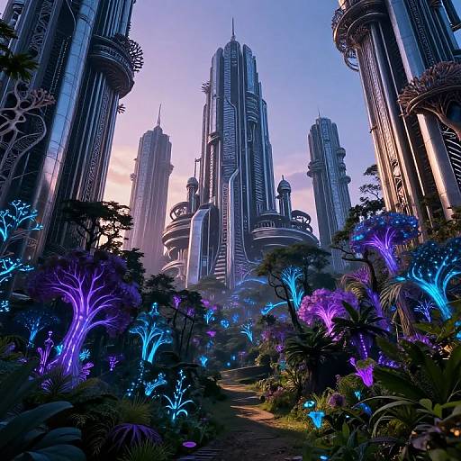 Digital art of a futuristic city with towering blue and purple bioluminescent plants lining a path, surrounded by sleek, metallic skyscrapers under a
