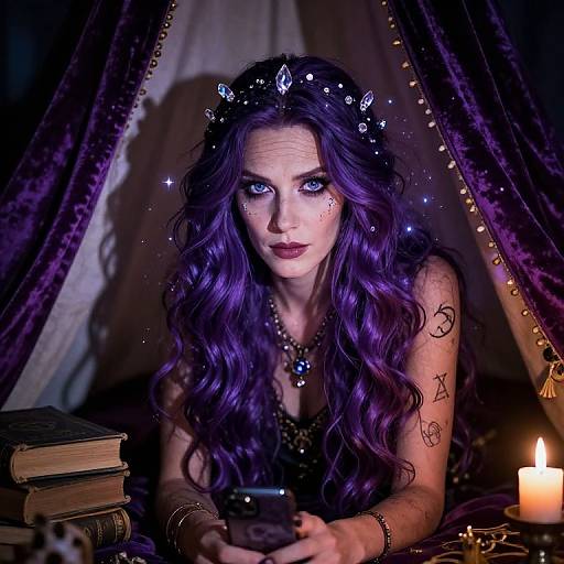 Photograph of a pale-skinned woman with long purple hair, wearing a star-studded tiara and dark dress, surrounded by candles, books,