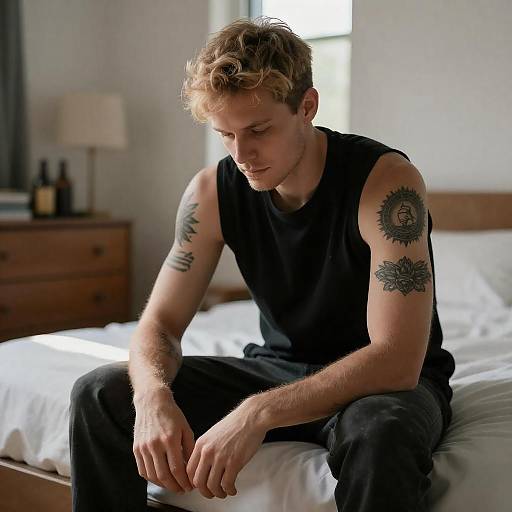 Blond Tattooed Man Sitting on Bed in Sunlight