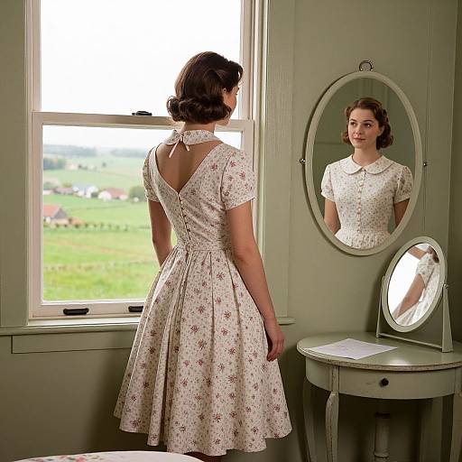 Photograph of a woman with wavy brown hair, wearing a vintage white floral dress with a bow, standing before a mirror and window, reflecting a