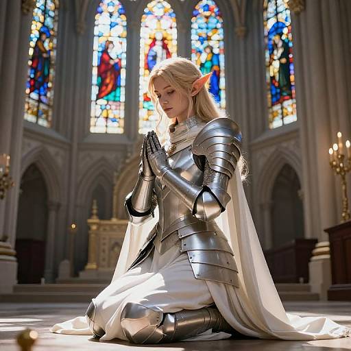 Photorealistic CGI of a blonde elven woman in silver armor and white cloak, kneeling in prayer before colorful stained glass windows in a grand Gothic cathedral