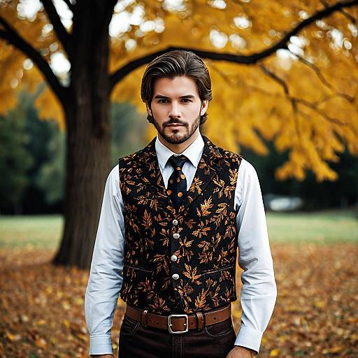 Fashionable Man Wearing Autumn Leaf Patterned Vest Outdoors
